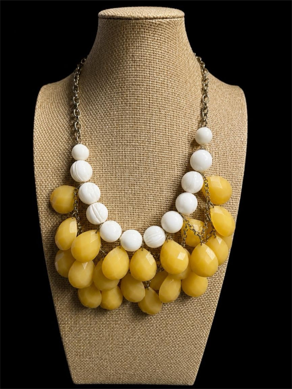 YELLOW & WHITE SWIRL BEADED BIB NECKLACE