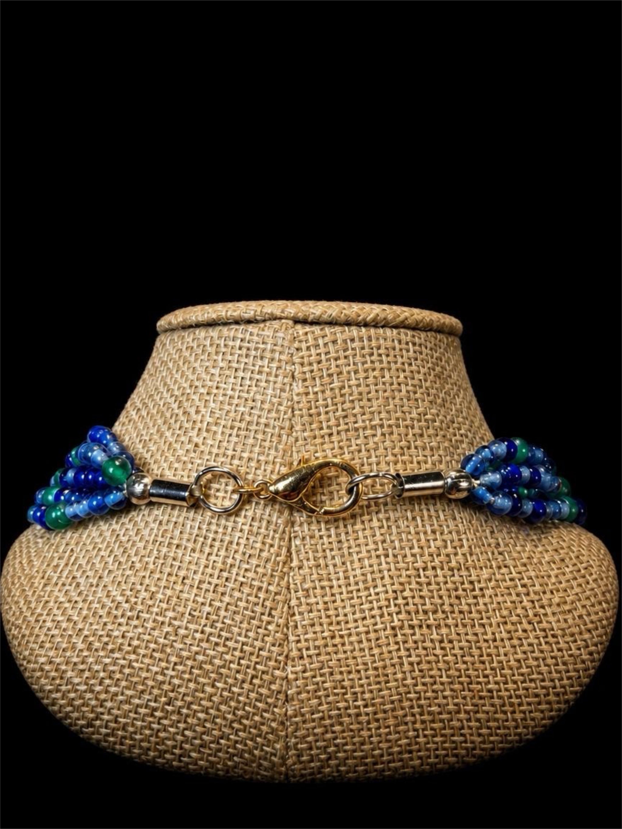 AWESOME HEAVY BLUE & GREEN GLASS BEADED NECKLACE