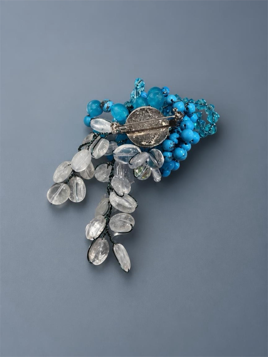 BLUE & CLEAR GLASS BEADED BROOCH