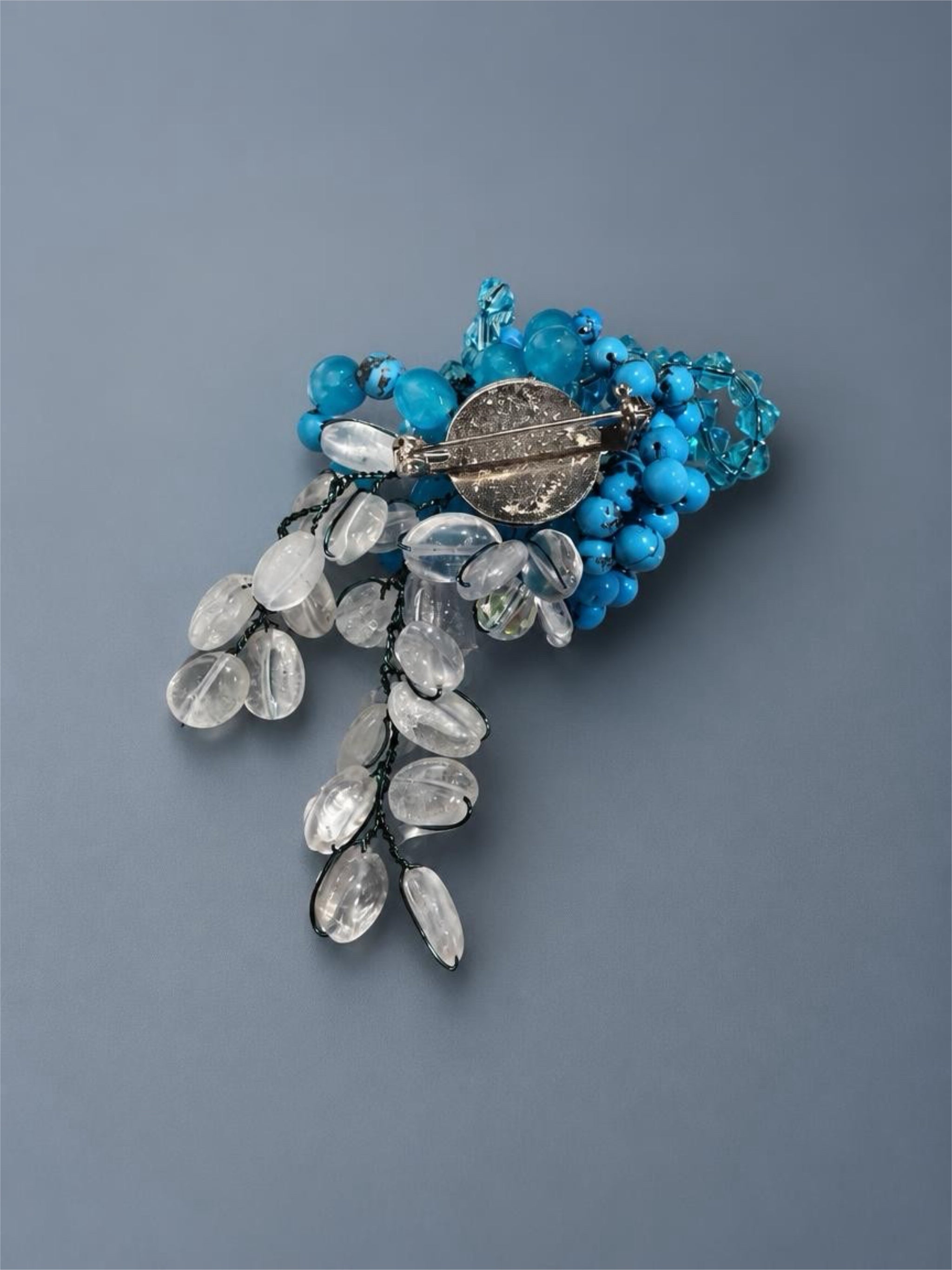 BLUE & CLEAR GLASS BEADED BROOCH