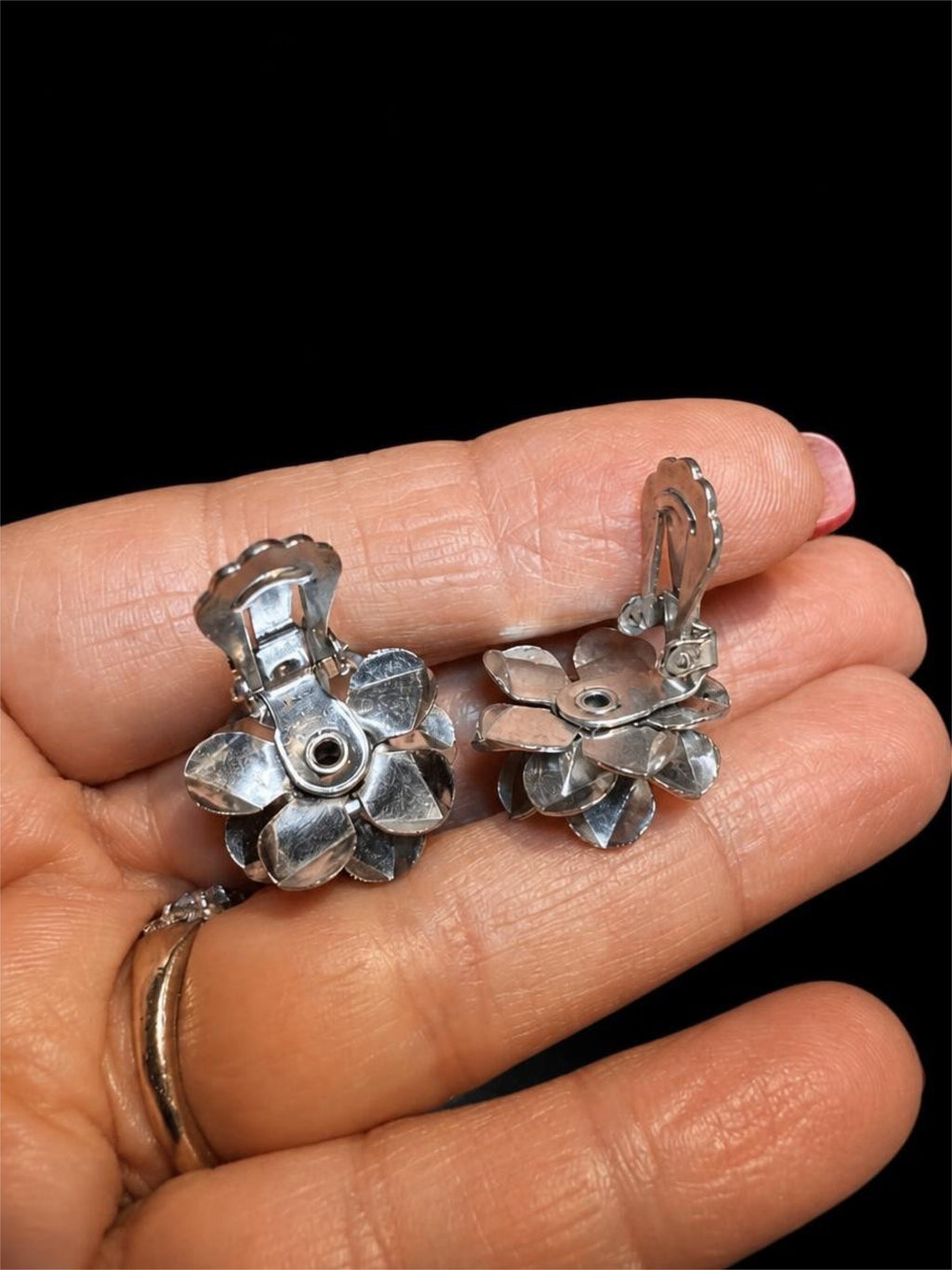 VINTAGE BRUSHED SILVER & BLUE RHINESTONE EARRINGS