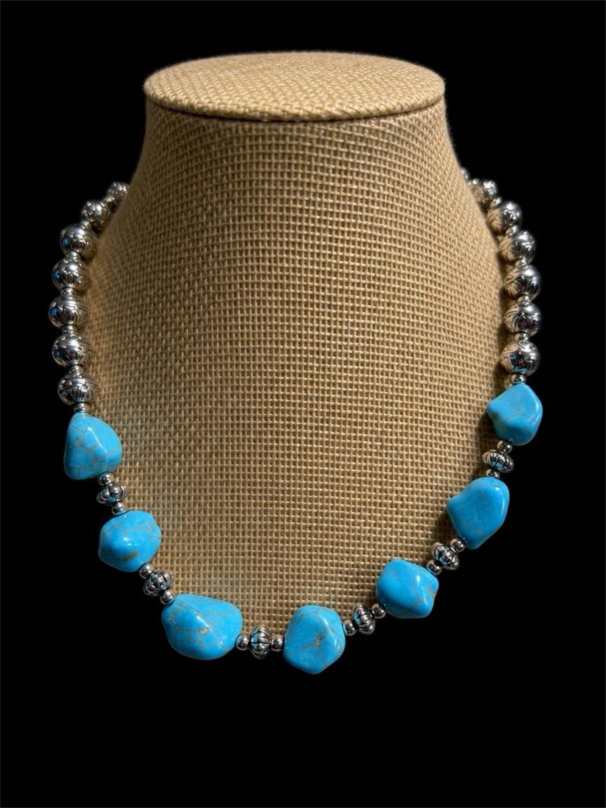 TURQUOISE COLORED & SILVER BEADED NECKLACE
