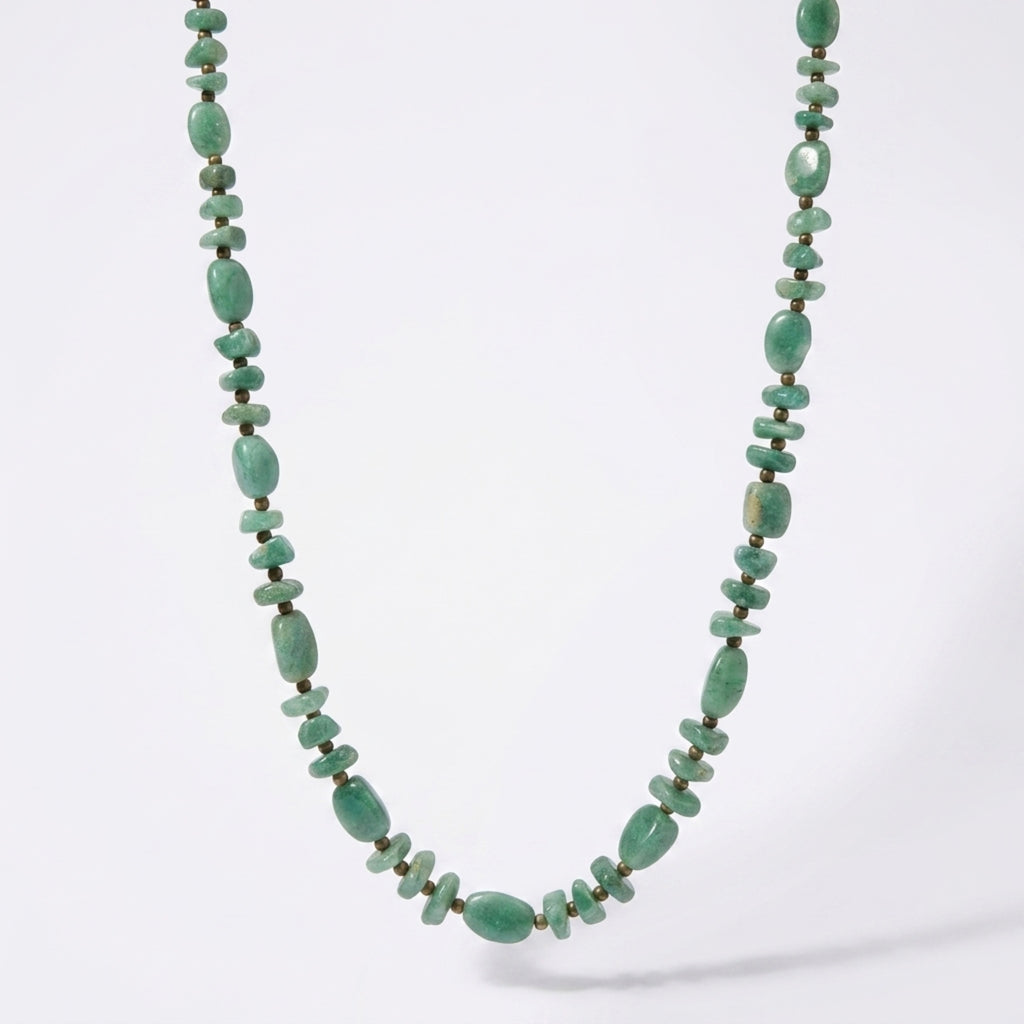 GREEN STONE & BRASS NECKLACE