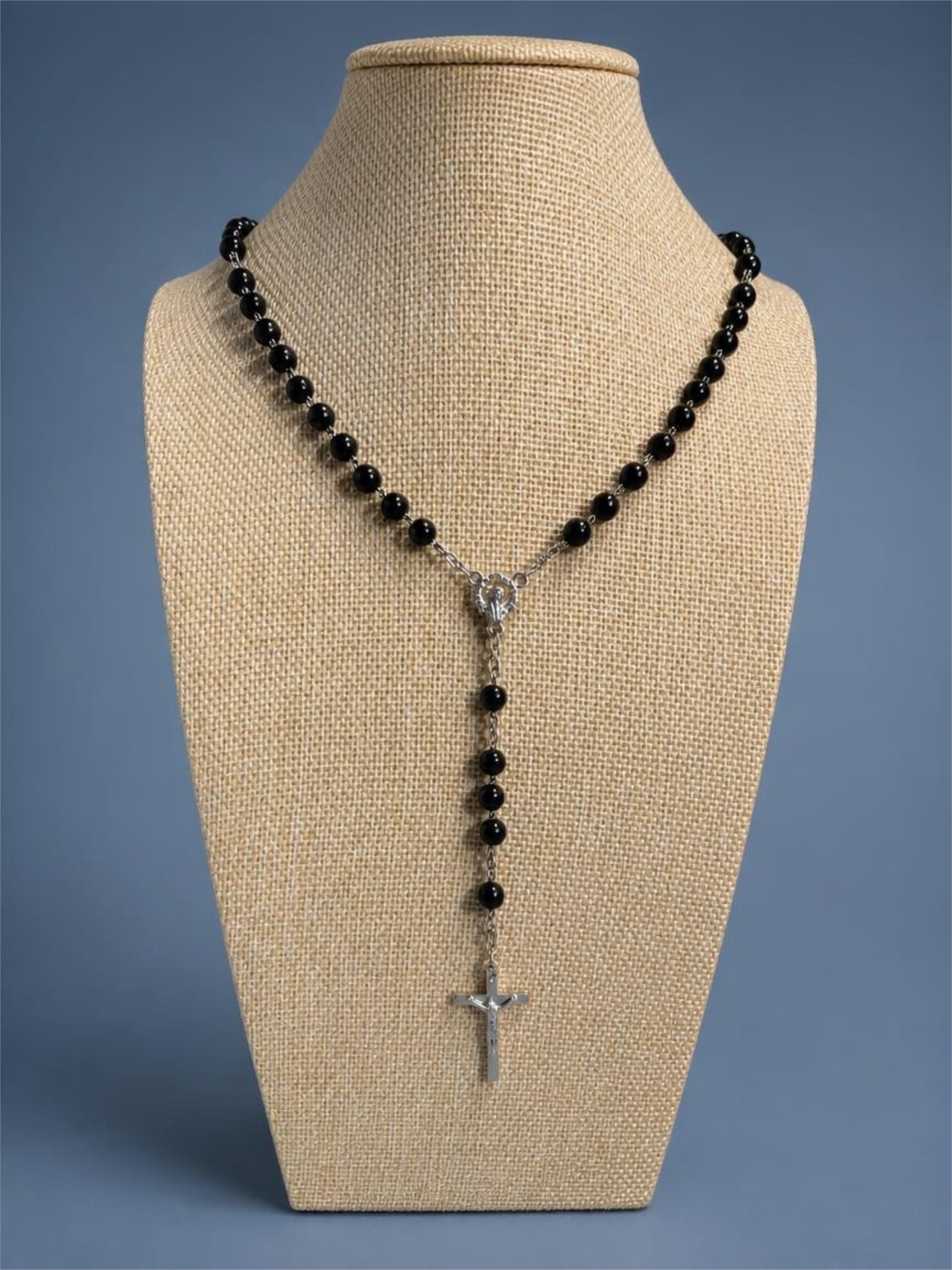 BLACK GLASS BEADED ROSARY