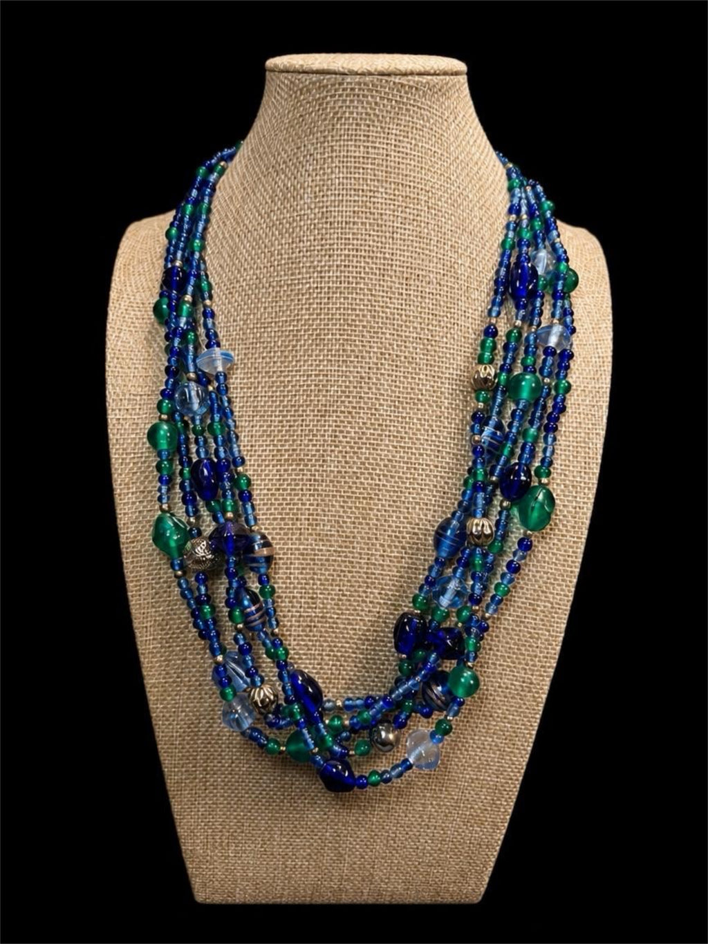 AWESOME HEAVY BLUE & GREEN GLASS BEADED NECKLACE