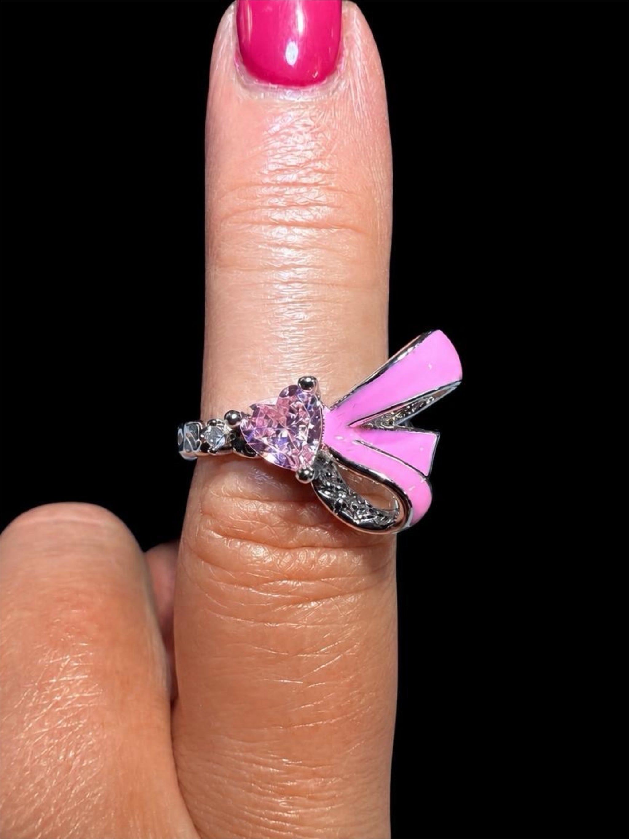PINK HEART & RIBBON RING