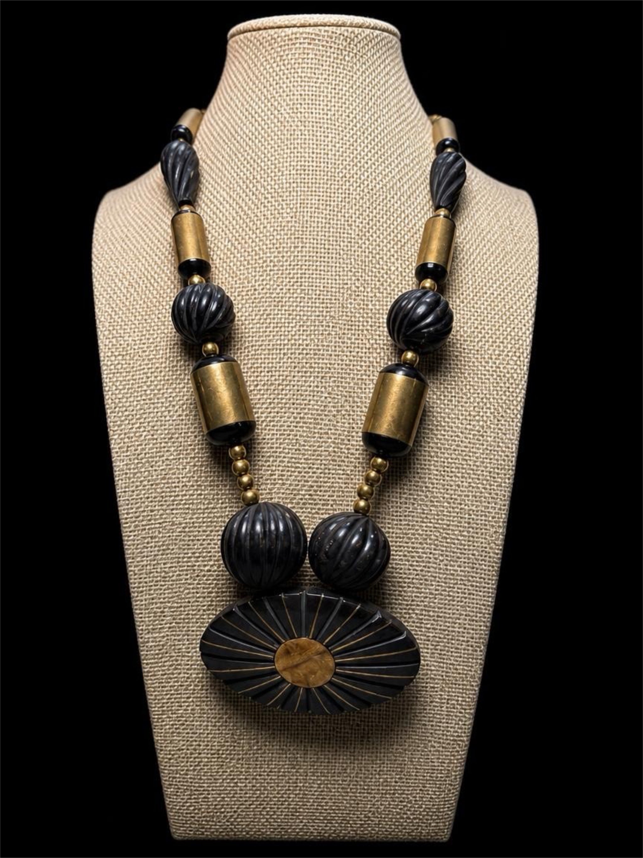 VERY LARGE BRASS & BLACK BEADED NECKLACE