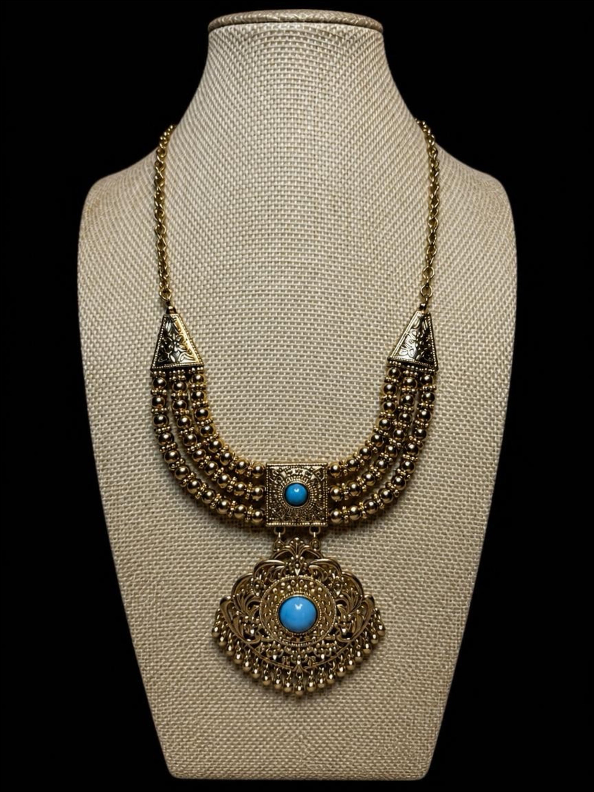LARGE GOLD W/ BLUE BEAD NECKLACE