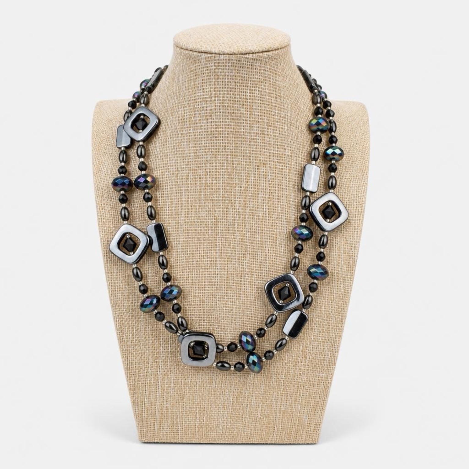 LONG GLASS & SILVER BEADED NECKLACE