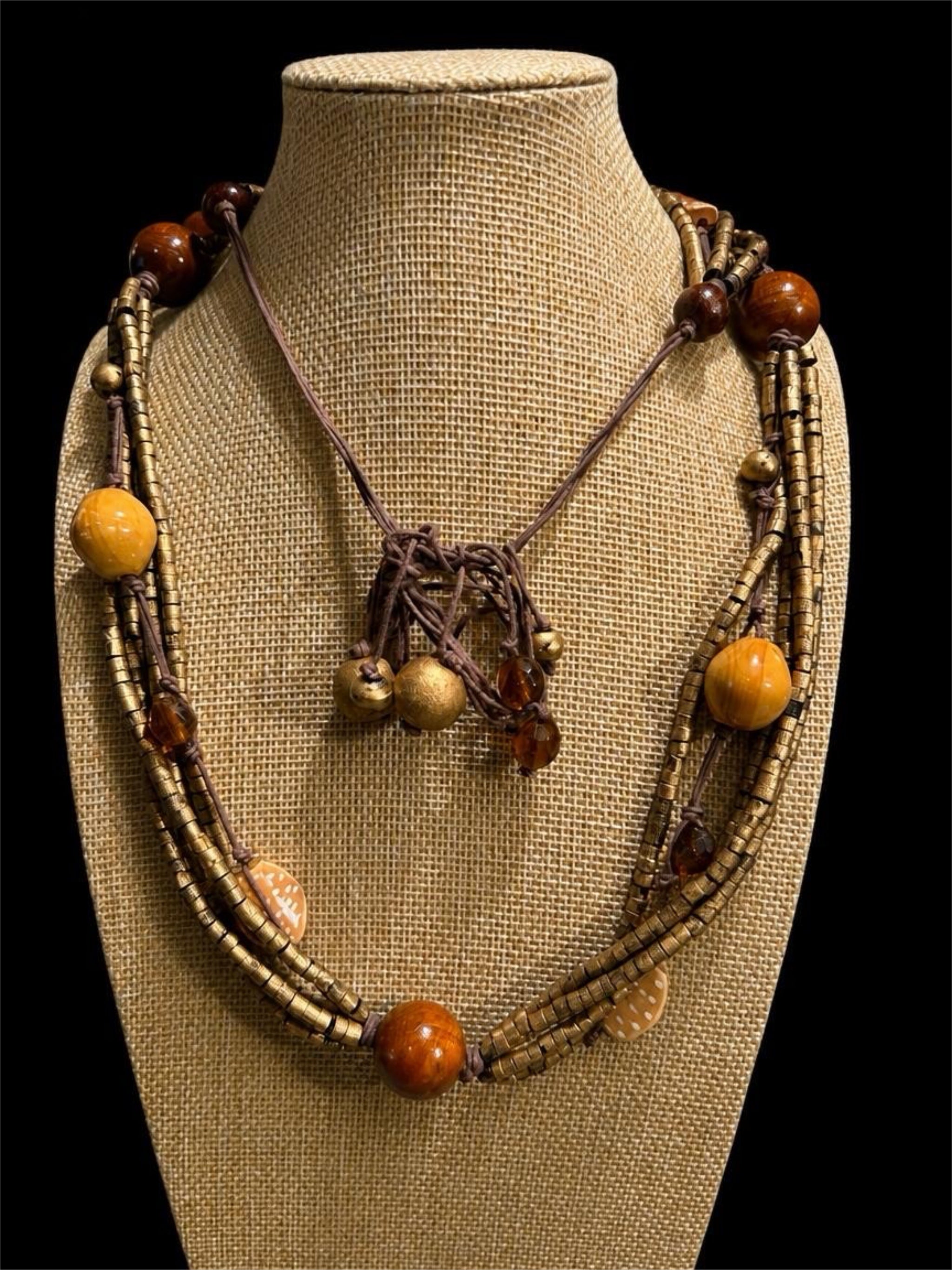 LARGE WOOD & POTTERY BEADED NECKLACE