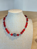 RED GLASS & SILVER BEADED NECKLACE