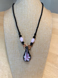 BEAUTIFUL GLASS FLORAL PENDANT W/ BLACK BEADED NECKLACE