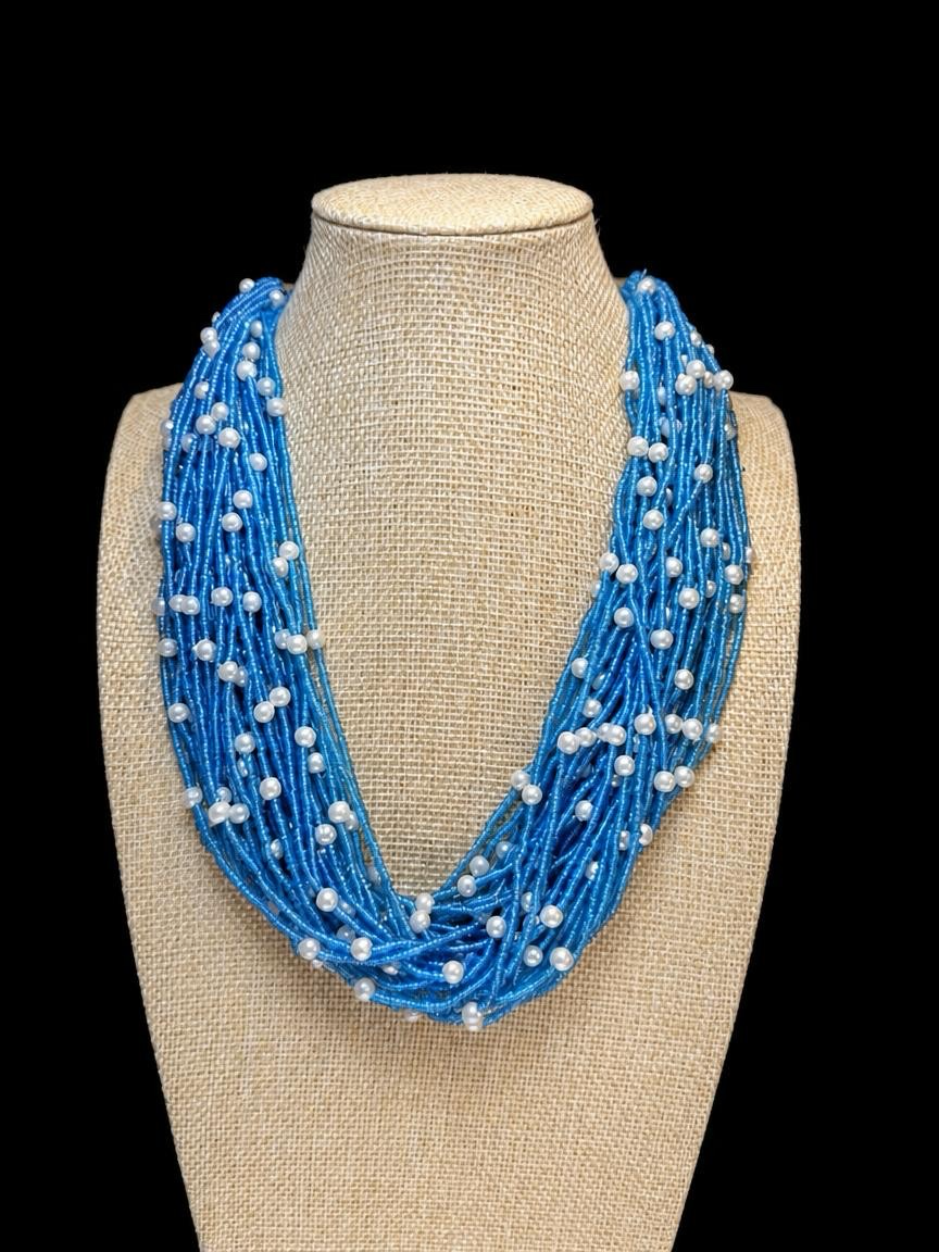 BLUE SEED BEAD & PEARL NECKLACE