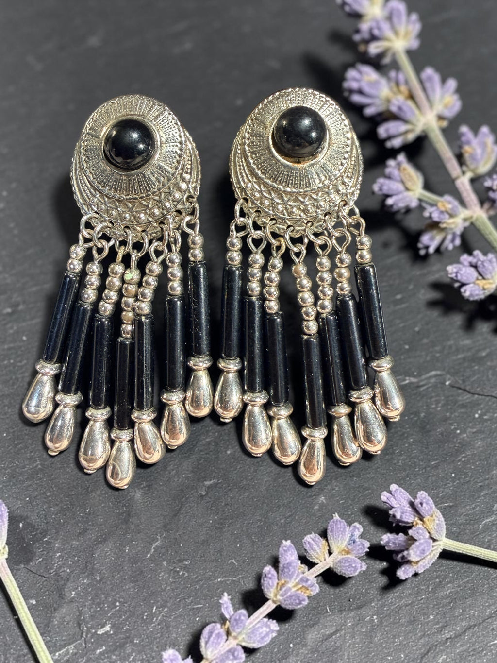 SILVER AND BLACK DANGLE EARRINGS