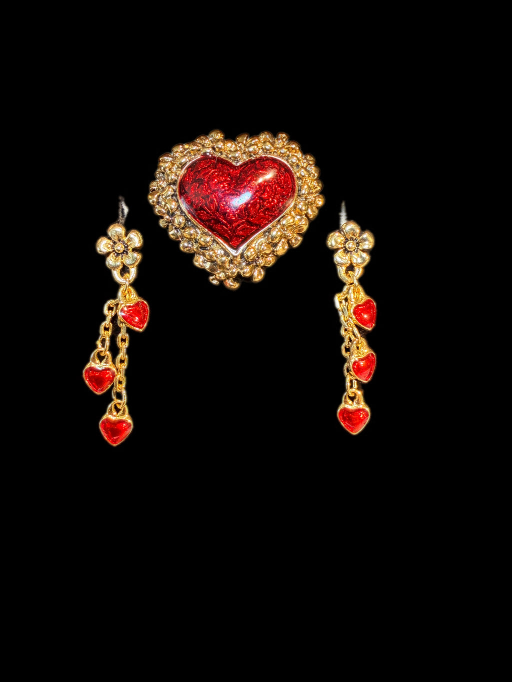 RED & GOLD HEART EARRINGS & PIN SET