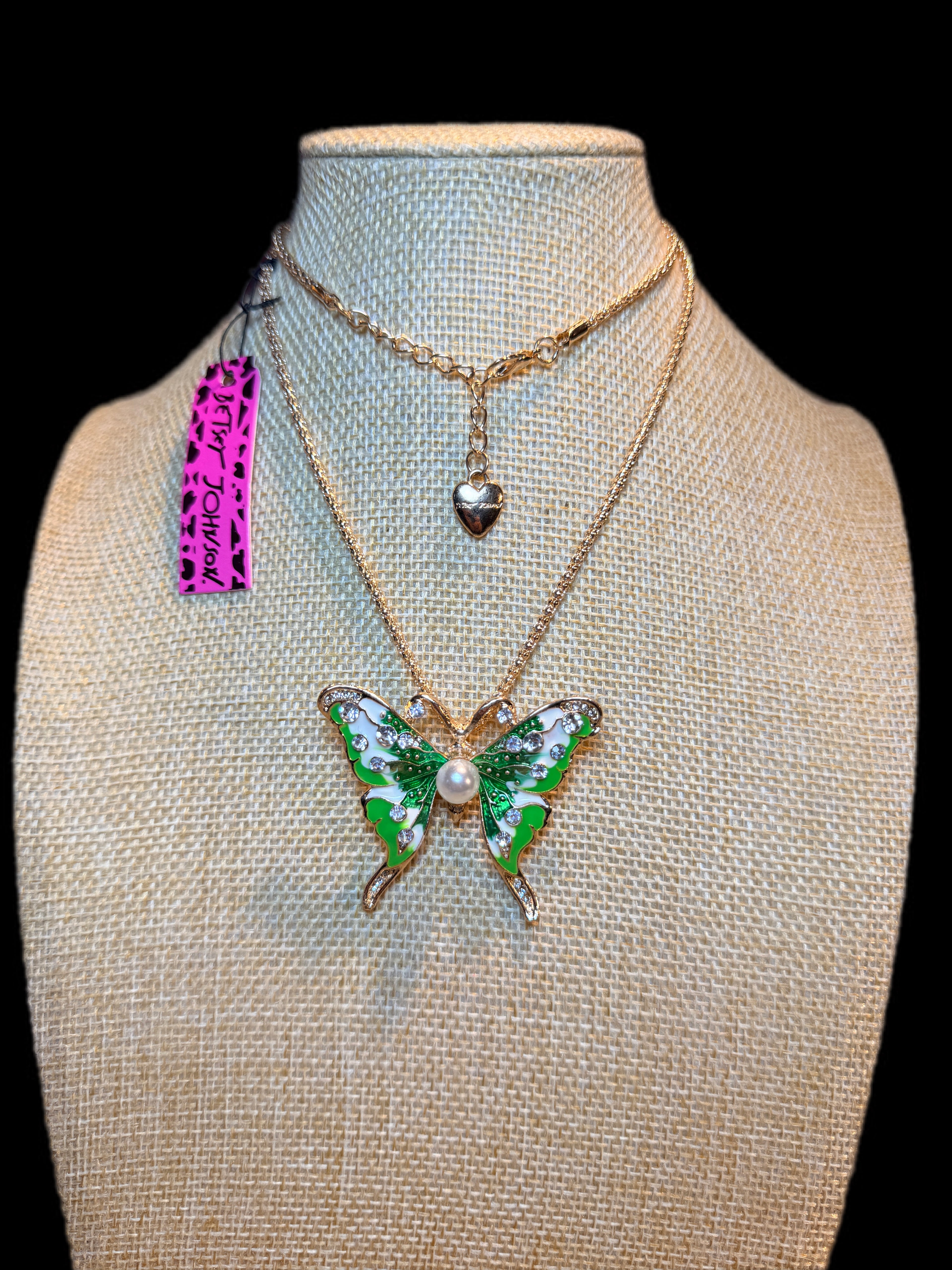 BETSY JOHNSON GREEN & WHITE BUTTERFLY NECKLACE