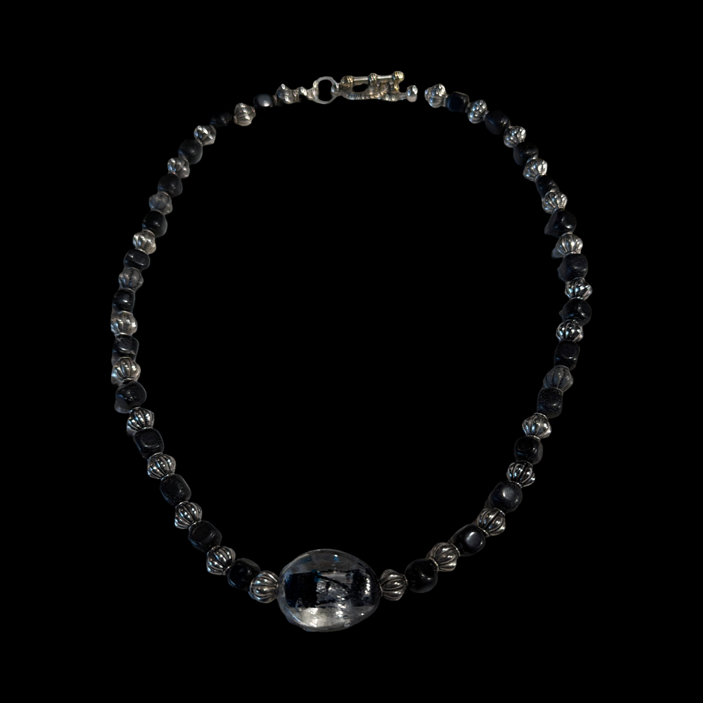 SILVER AND BLACK BEADS WITH LARGE GLASS PENDANT