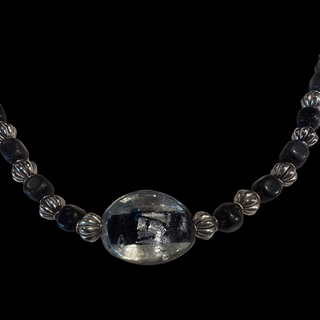 SILVER AND BLACK BEADS WITH LARGE GLASS PENDANT