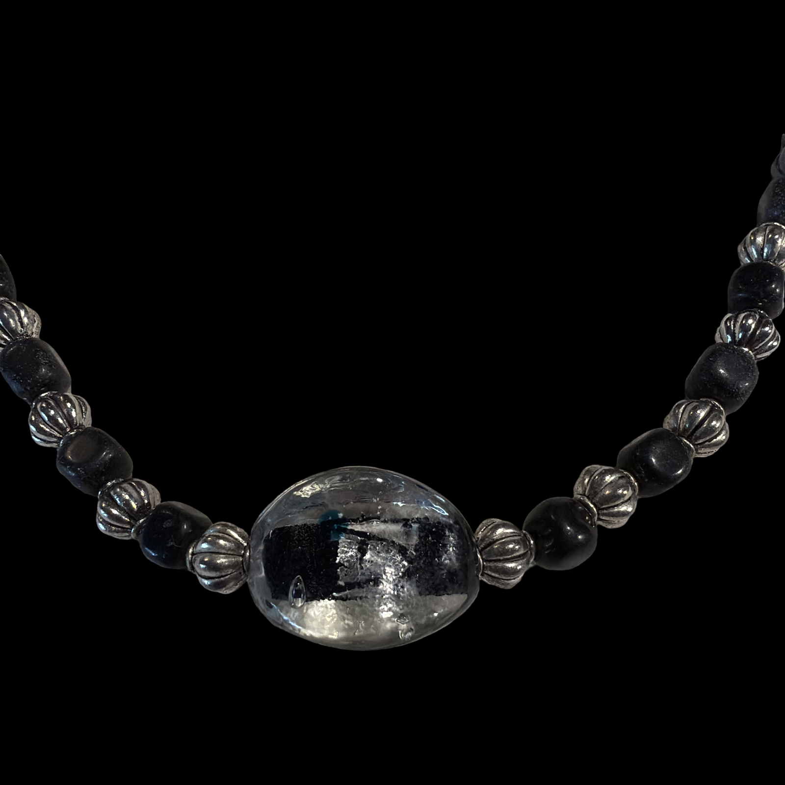 SILVER AND BLACK BEADS WITH LARGE GLASS PENDANT