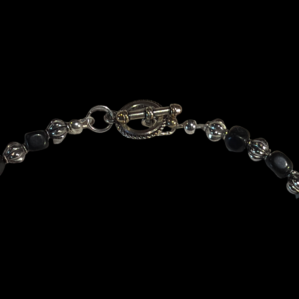 SILVER AND BLACK BEADS WITH LARGE GLASS PENDANT