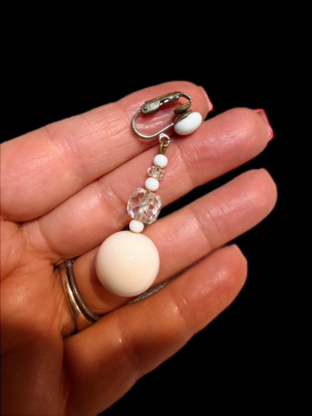 VINTAGE JAPANESE WHITE GLASS DANGLE EARRINGS