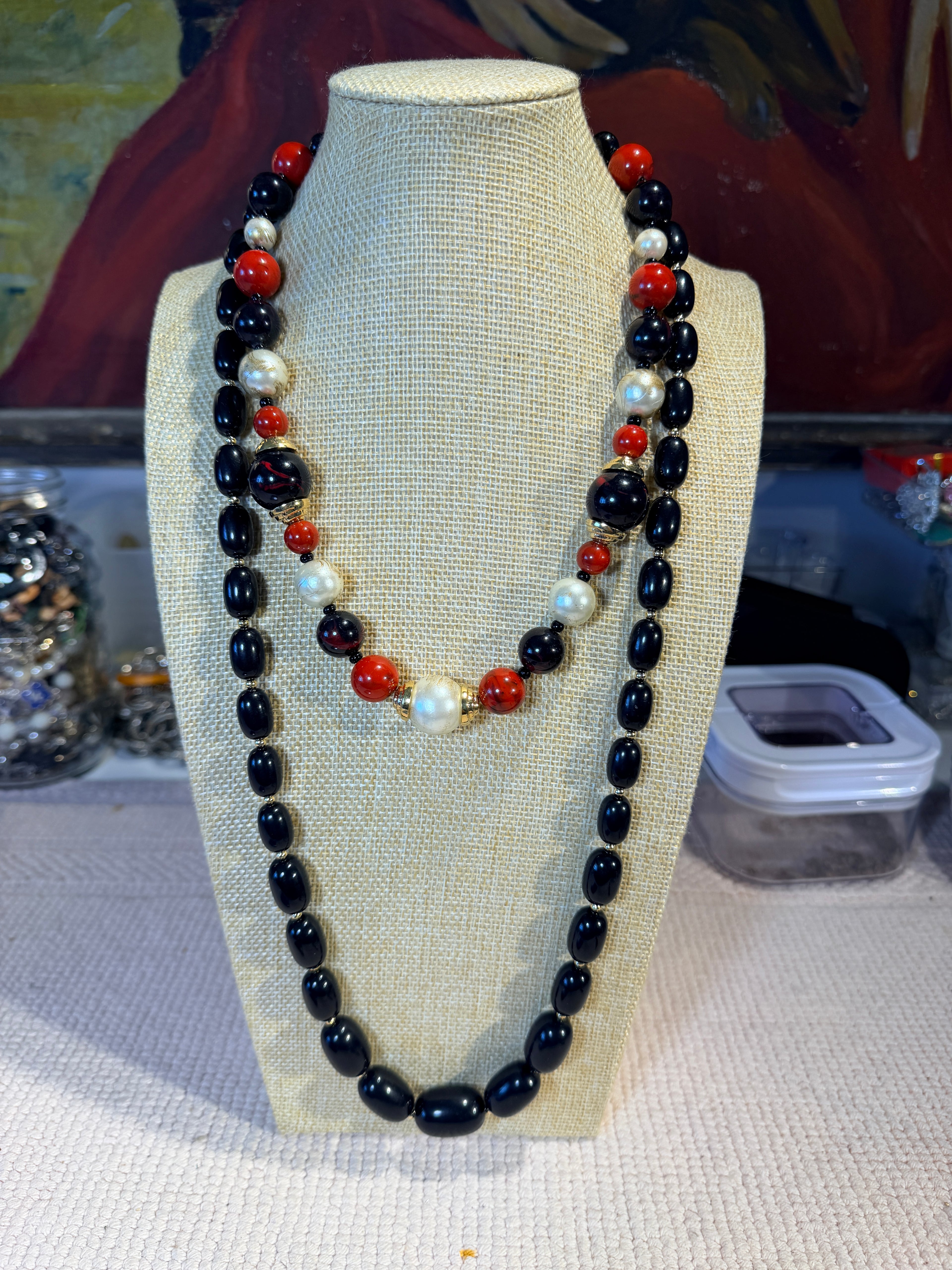 VINTAGE PAIR OF BLACK, RED, & WHITE BEAD NECKLACES