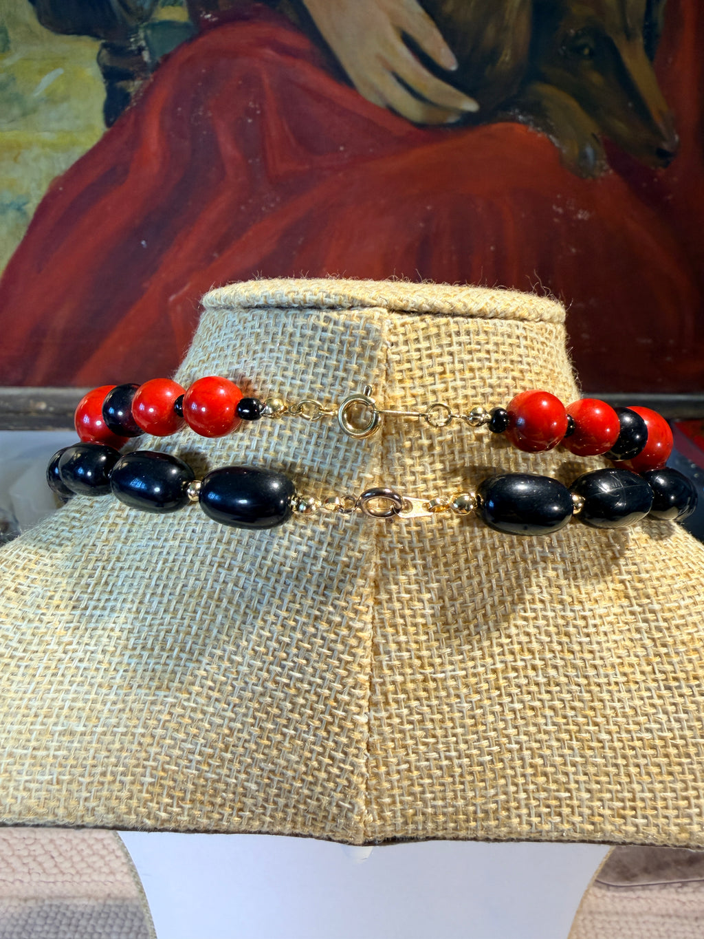 VINTAGE PAIR OF BLACK, RED, & WHITE BEAD NECKLACES