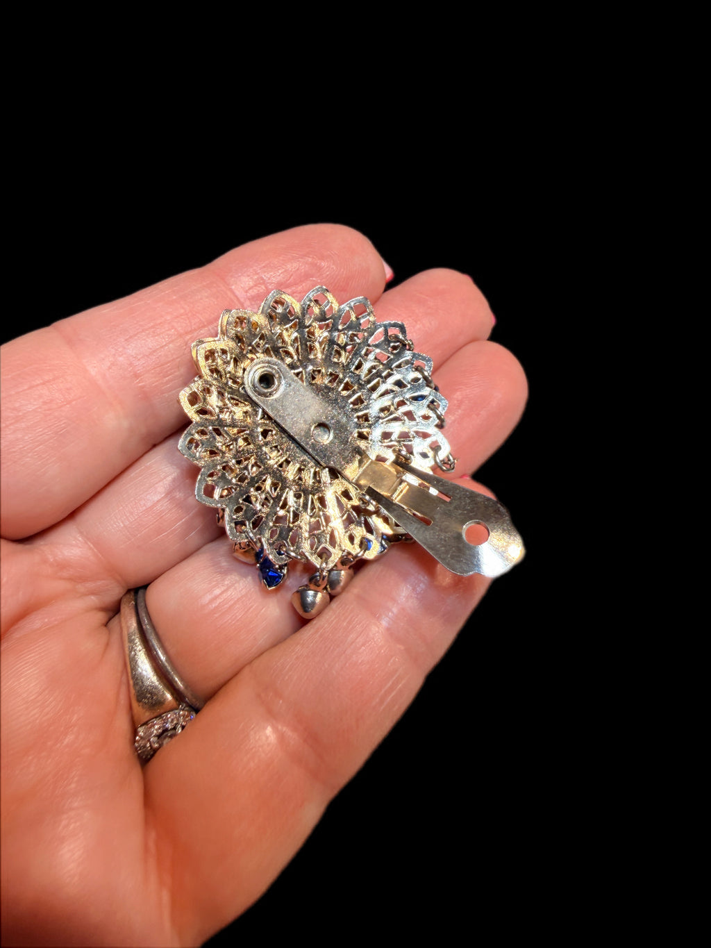VINTAGE GOLD & BLUE RHINESTONE DANGLE EARRINGS