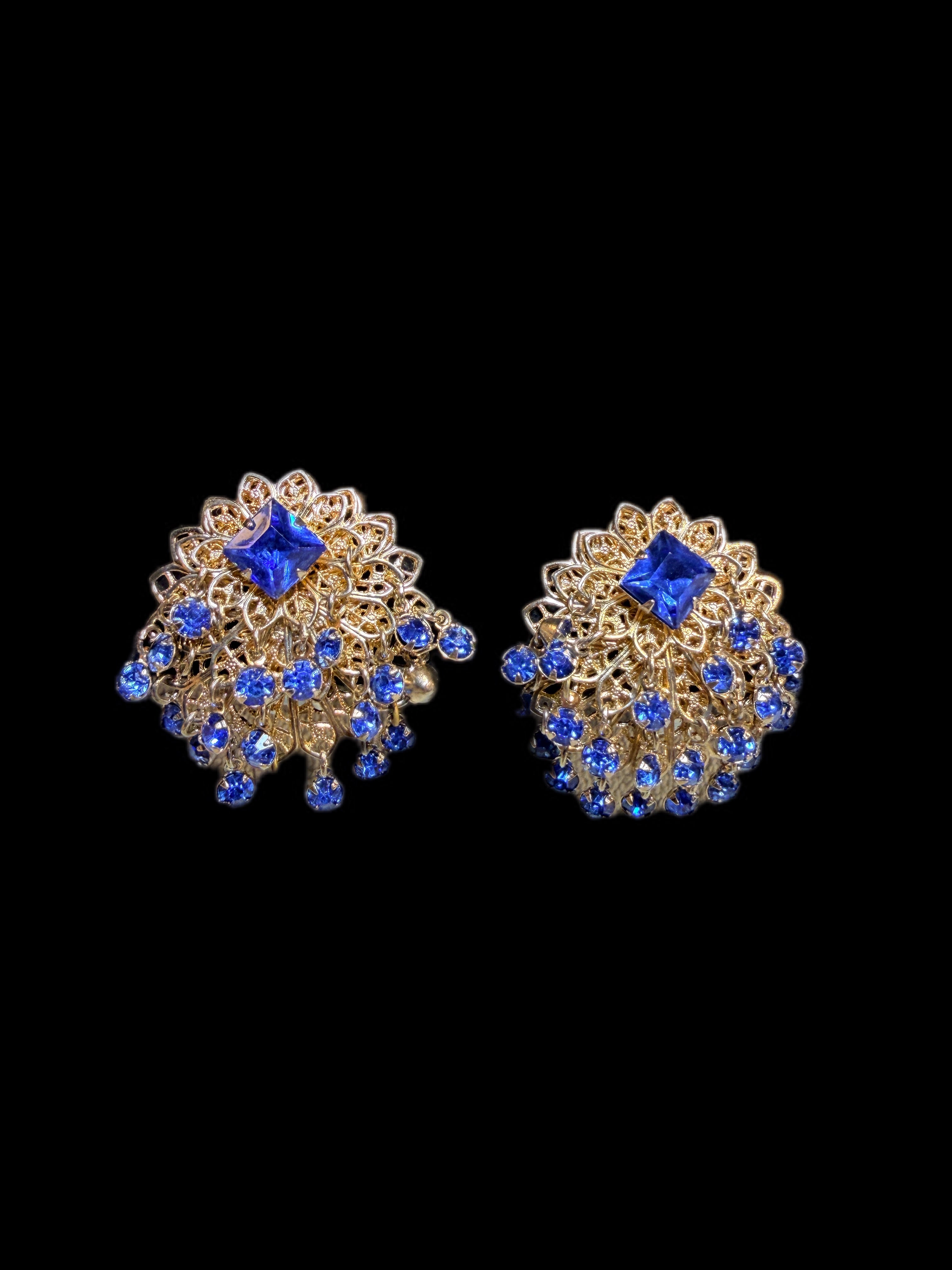 VINTAGE GOLD & BLUE RHINESTONE DANGLE EARRINGS