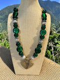 OVERSIZED GLASS BEAD NECKLACE WITH BRASS SPEAR POINT PENDANT