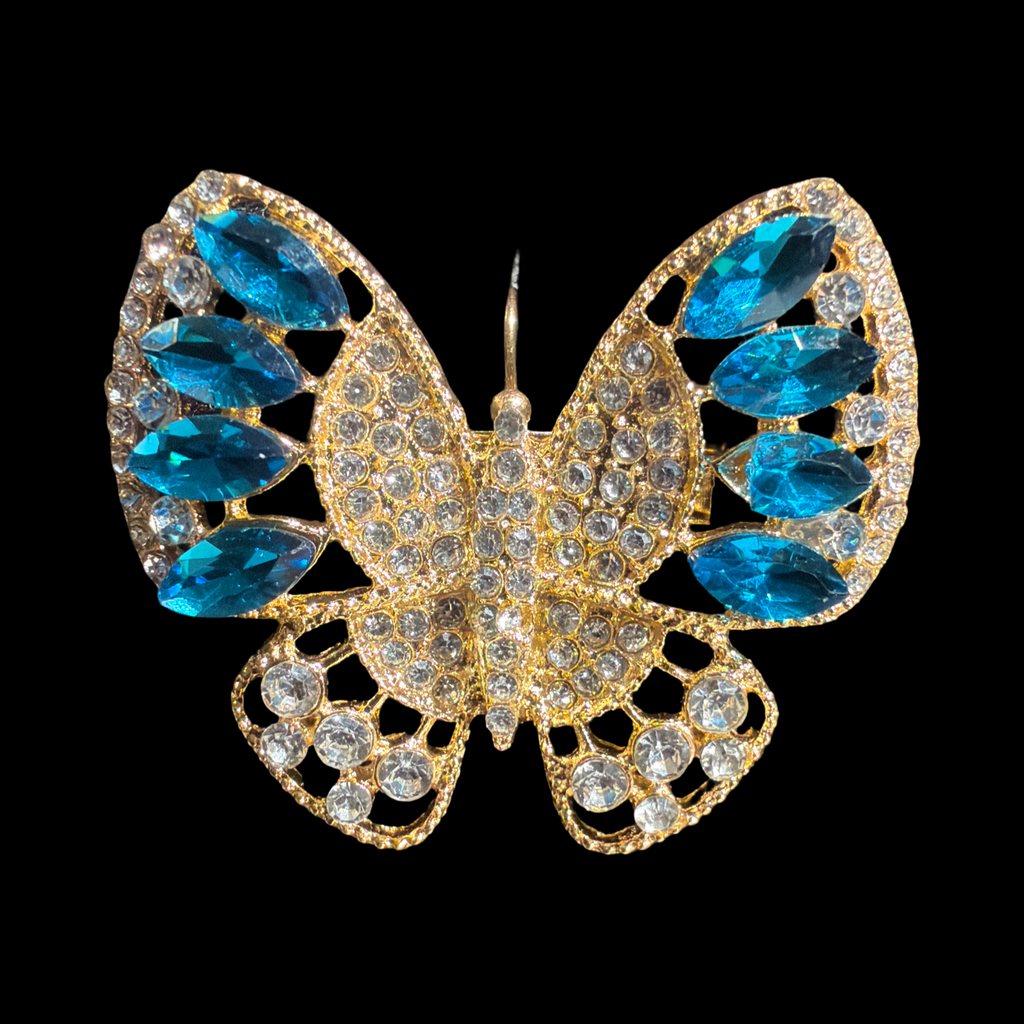 NEVER BLUE RHINESTONE BUTTERFLY BROOCH