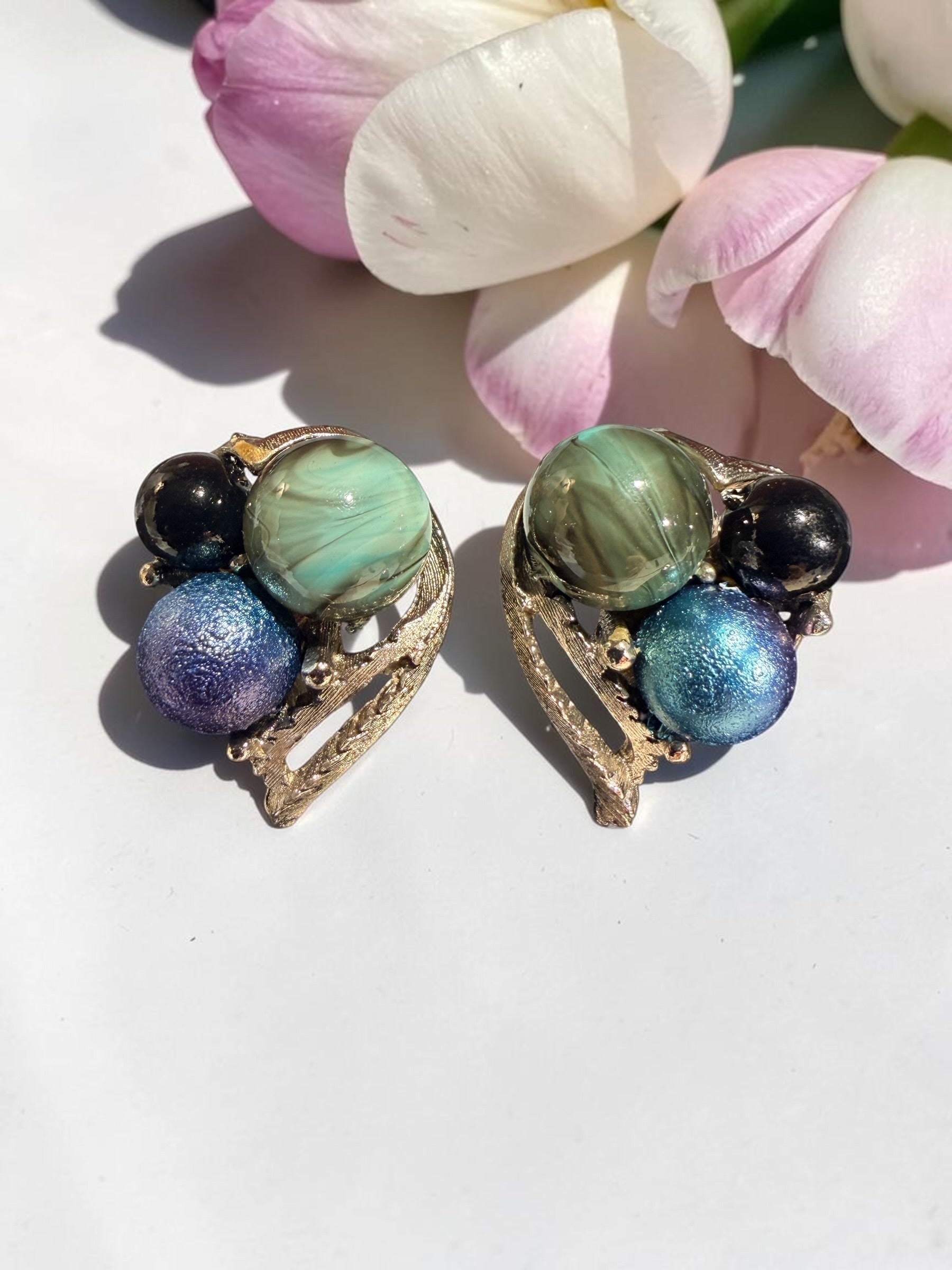 VINTAGE BLUE, BLACK, AND SWIRL BEAD EARRINGS
