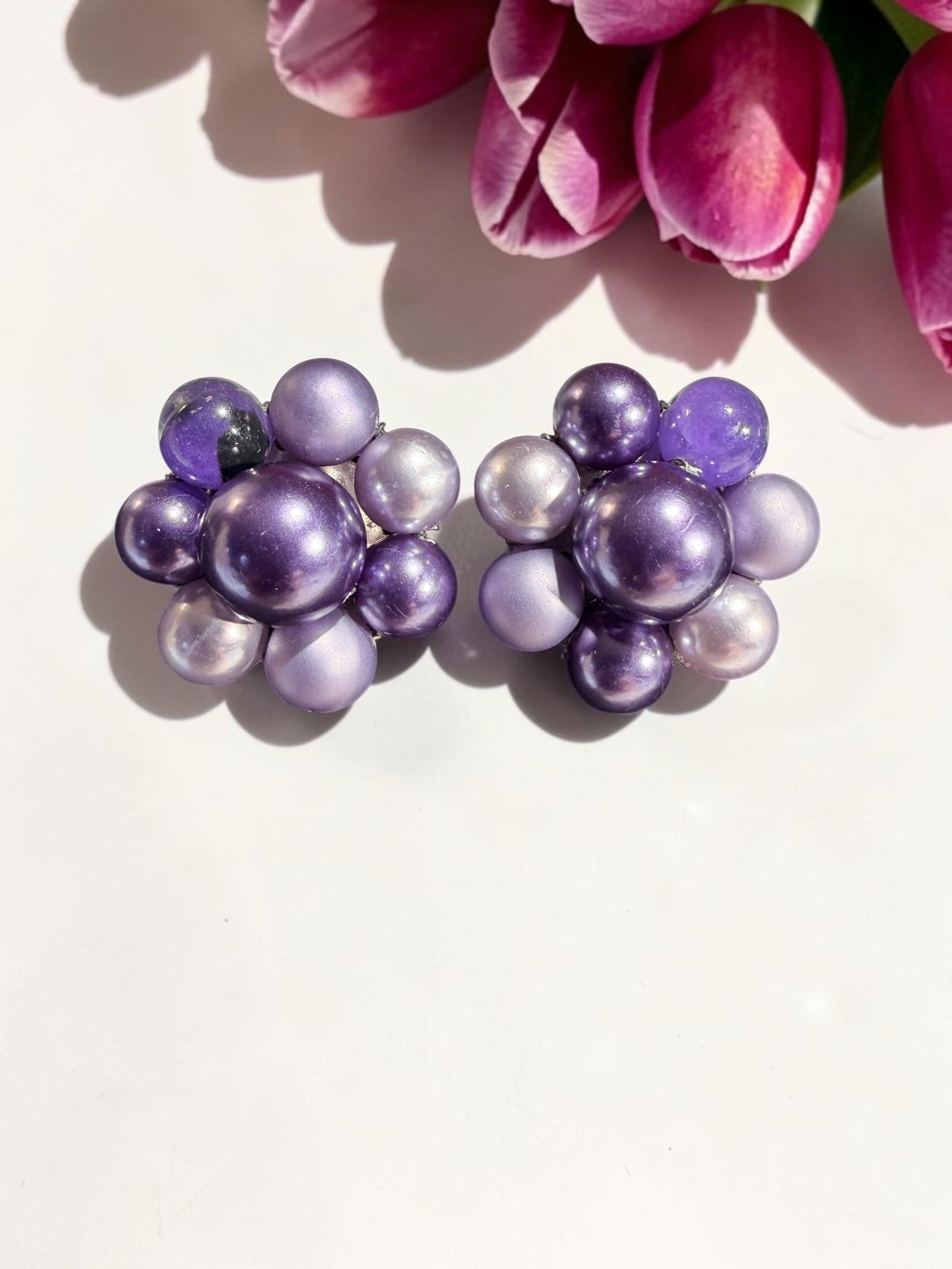 VINTAGE JAPAN MULTI TONE PURPLE CLUSTER EARRINGS