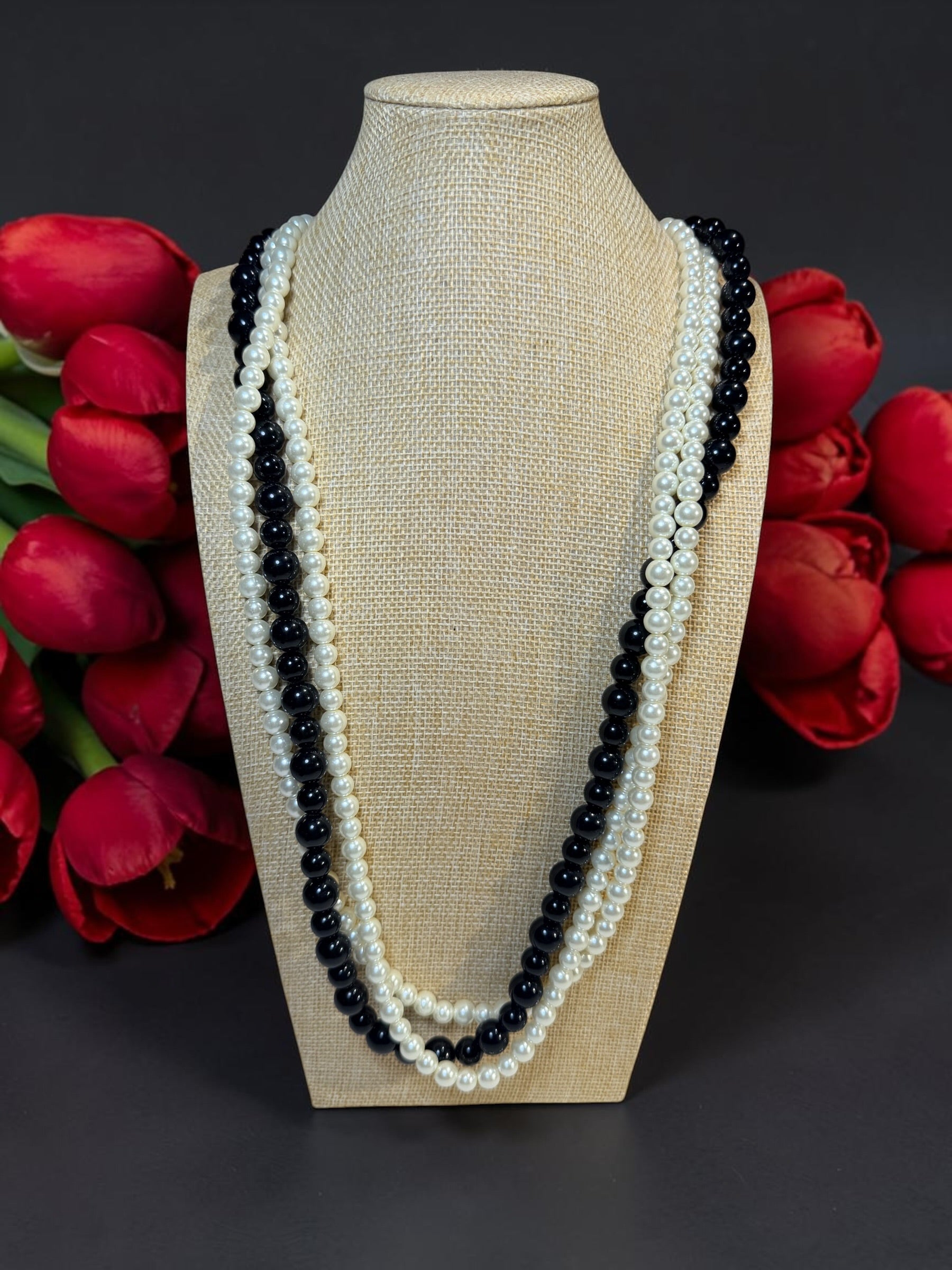 NICE BLACK AND WHITE PEARL MULTI STRAND NECKLACE