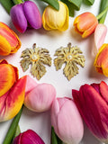 GOLD MAPLE LEAF EARRINGS WITH PEARL CENTERS