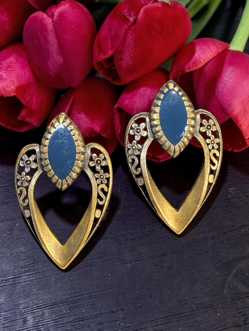 BLUE/GREY BRONZE TONE EARRINGS