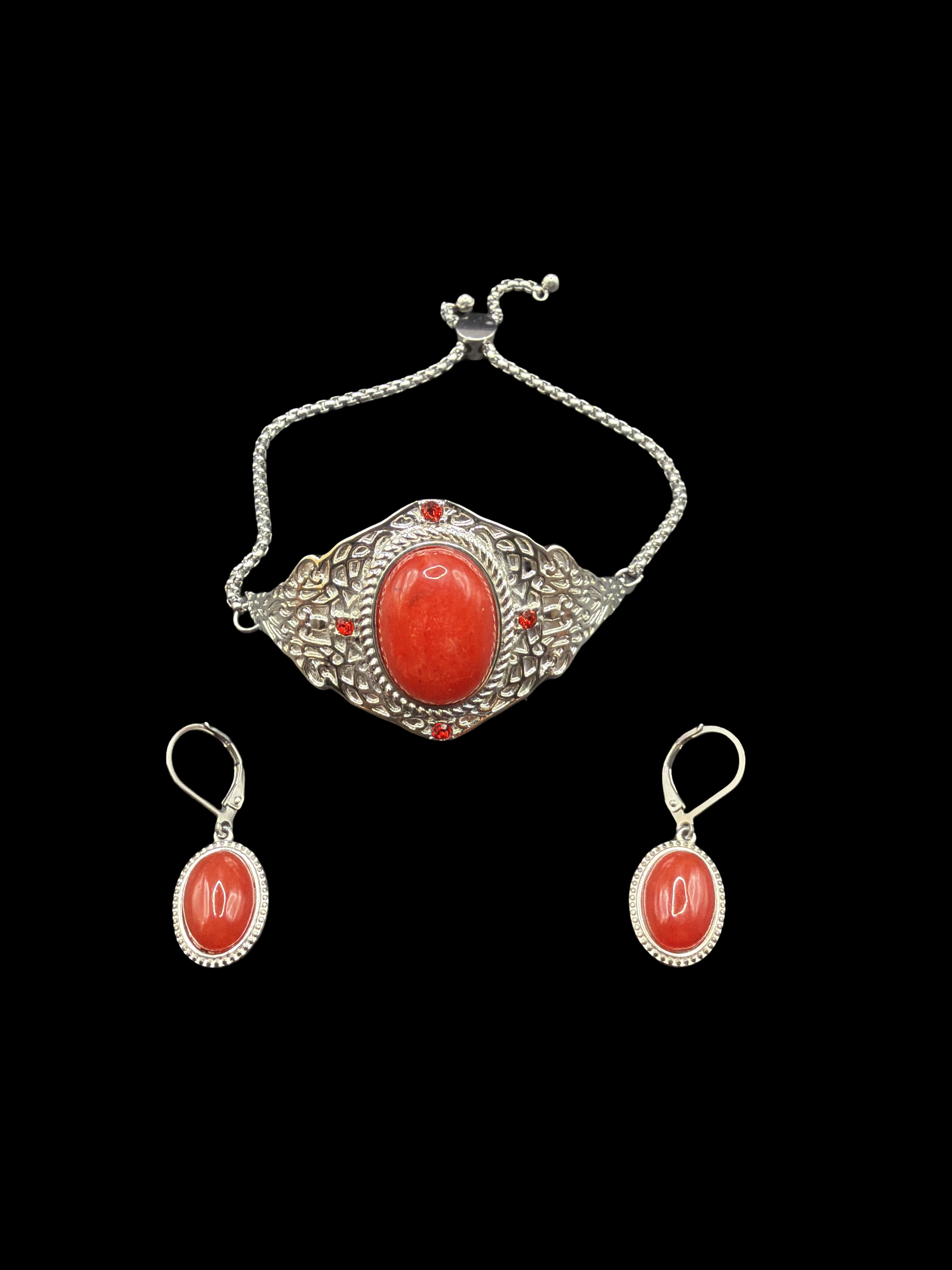 STAINLESS STEEL AND RED GLASS BRACELET AND EARRINGS