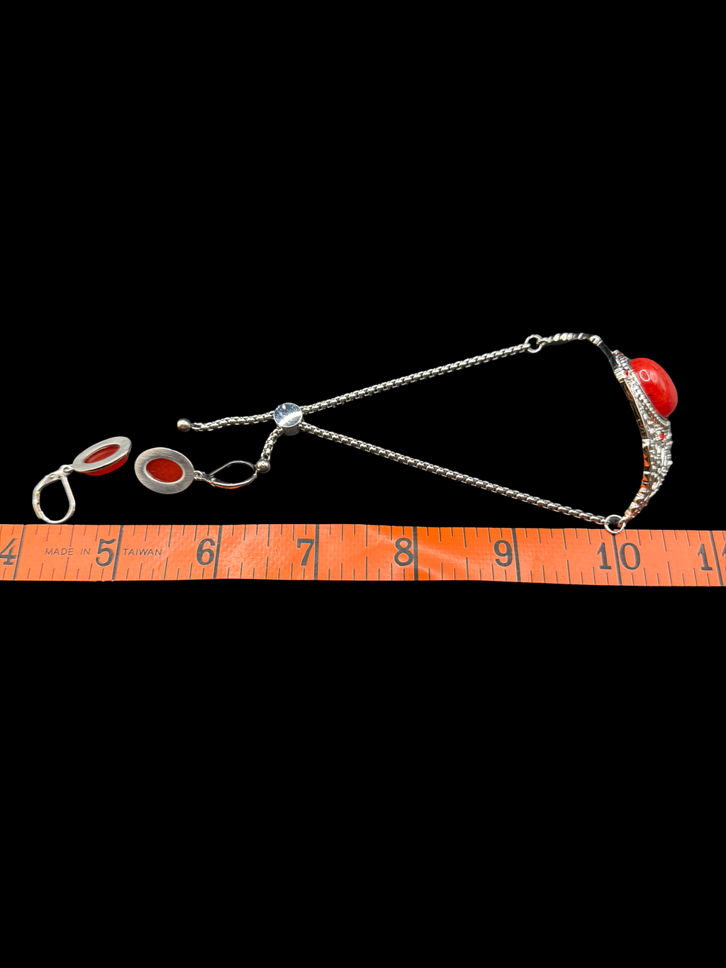 STAINLESS STEEL AND RED GLASS BRACELET AND EARRINGS