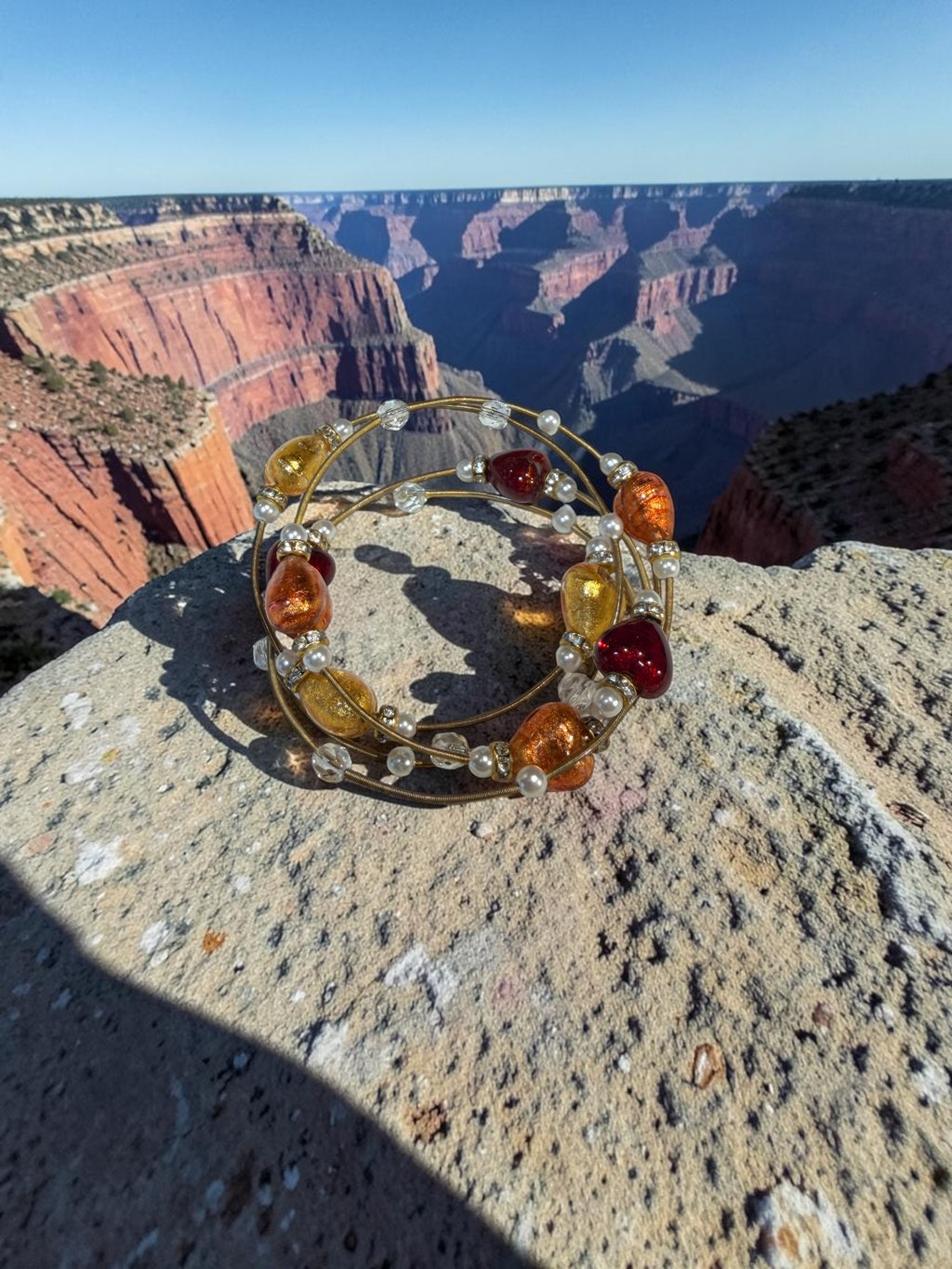3 HEART SHAPED GLASS BEAD AND PEARL WIRE BRACELET SET