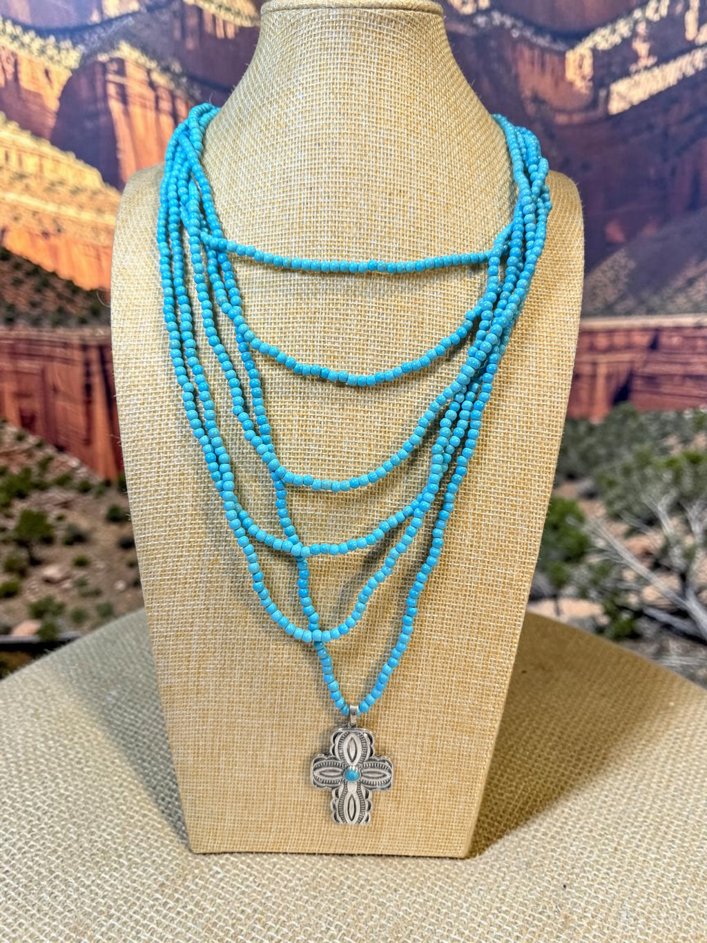 TURQUOISE COLORED SEED BEAD NECKLACE WITH CROSS PENDANT