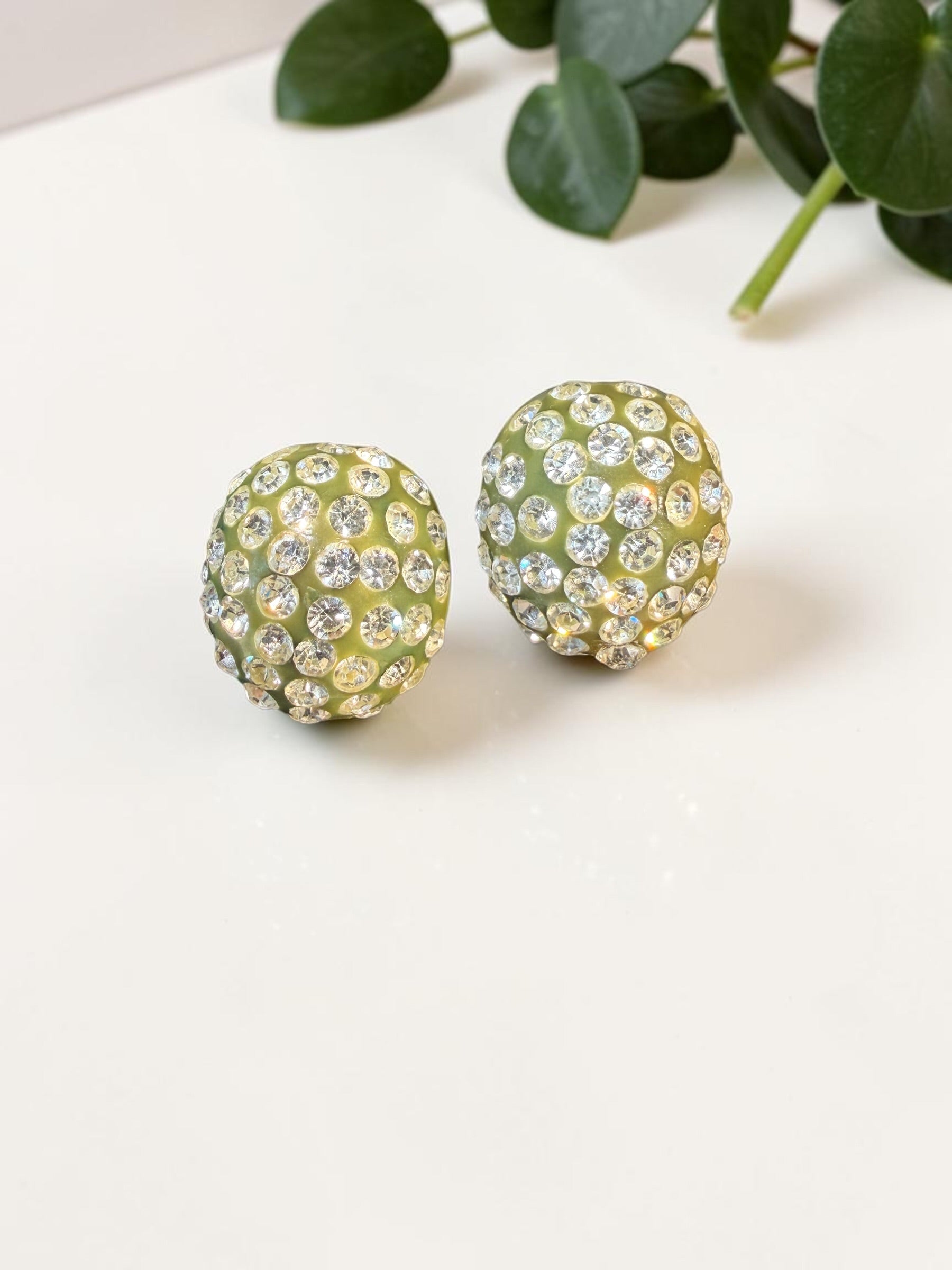 VINTAGE OLIVE COLORED, RHINESTONE EARRINGS
