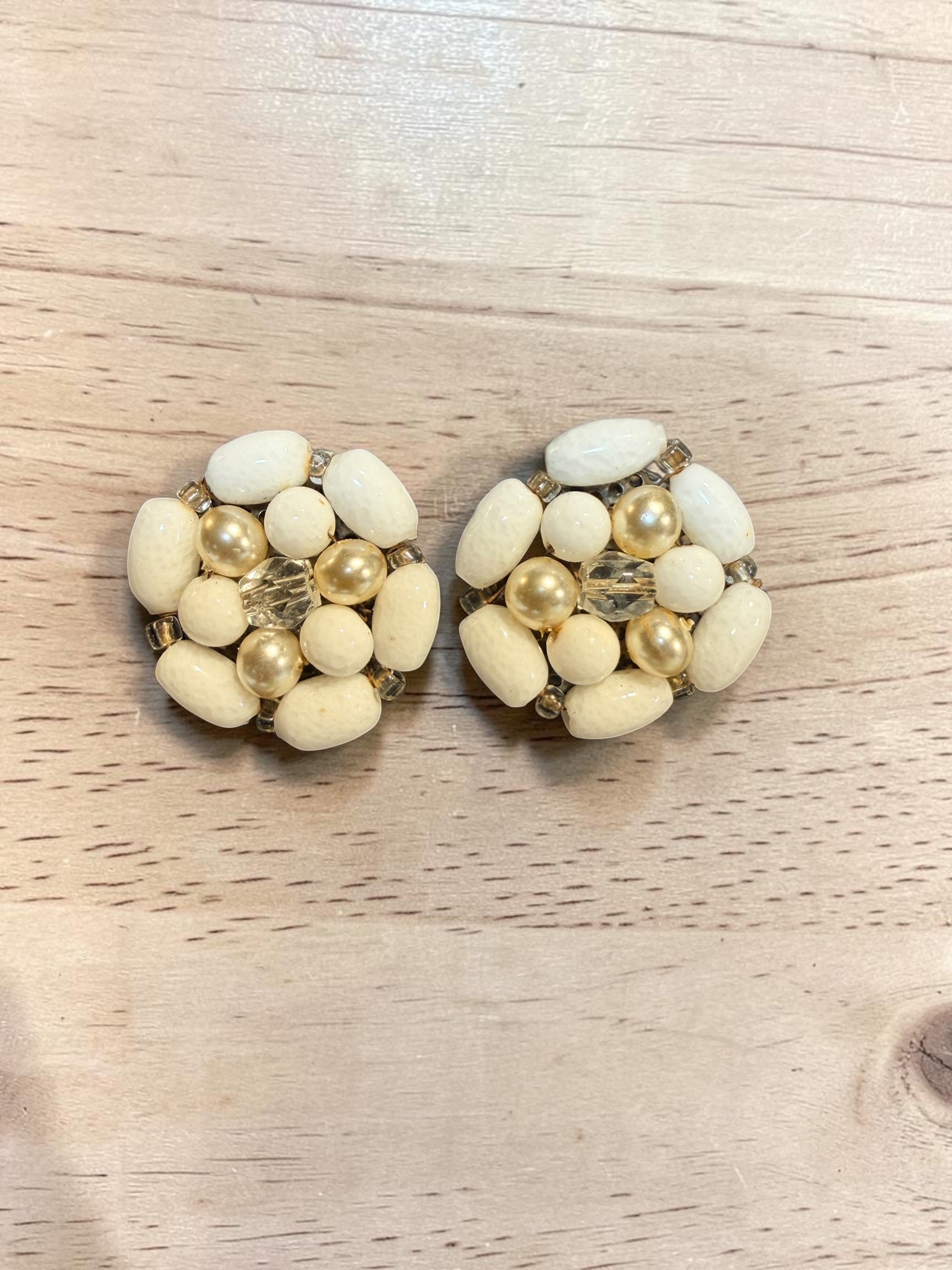 JAPANESE WHITE GLASS BEAD & PEARL EARRINGS